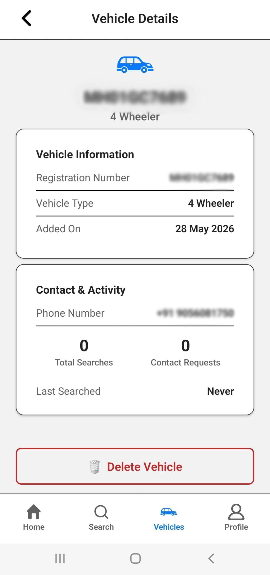 Wayze vehicle list with trash icon highlighted